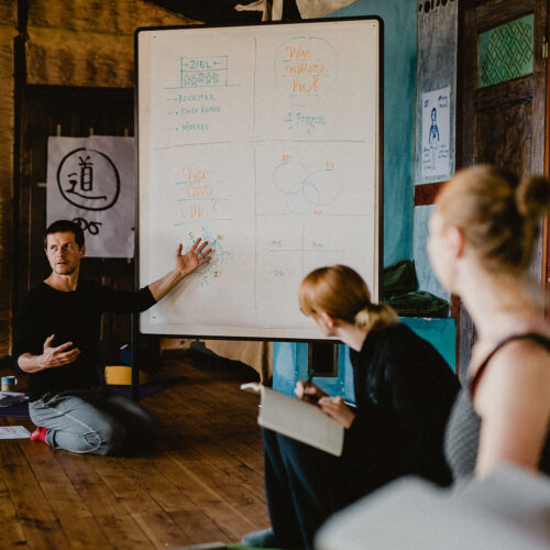 Thomas Qiu Hönel - Ikigai Retreat Workshop am Flipchart
