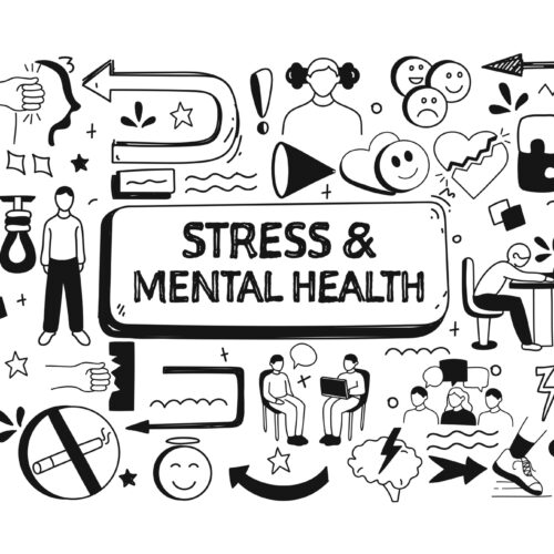 schwarz-weiß Illustration unter dem Titel Stress und Mentale Gesundheit