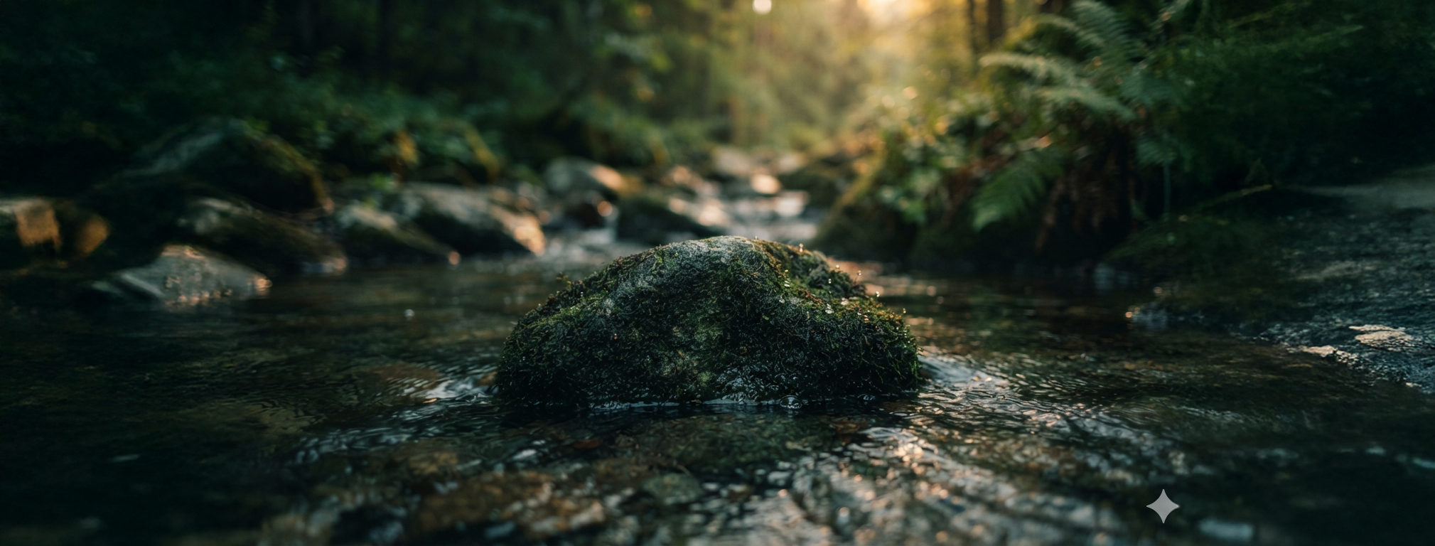 moosbewachsener Stein im Fluss